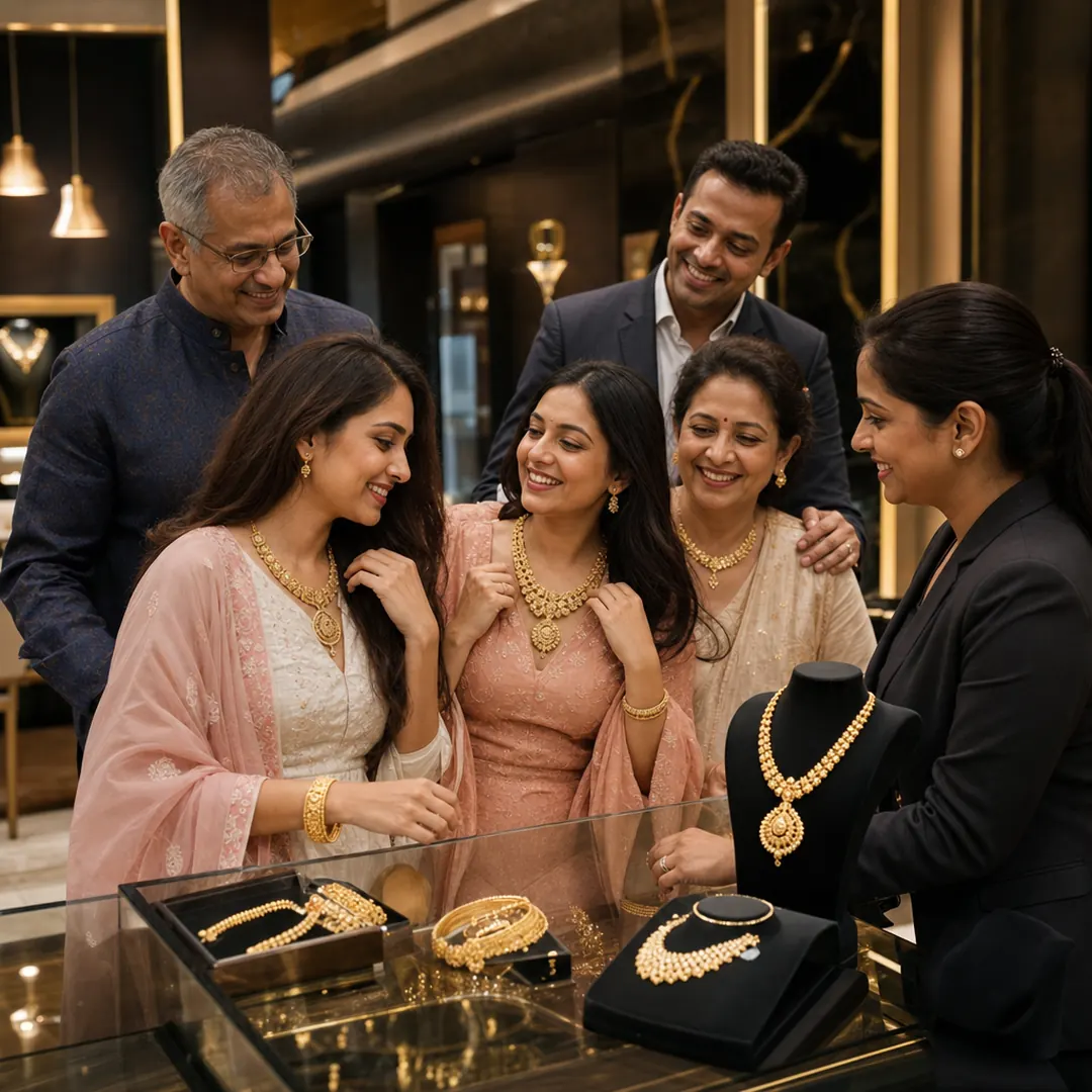 South Asian family enjoying a jewellery shopping experience at Bharat Jewellers
