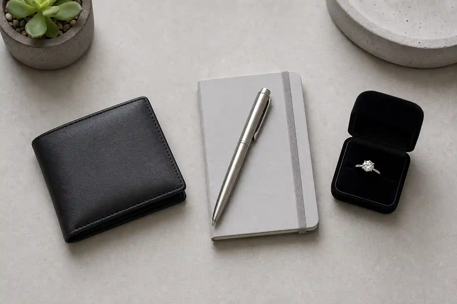 Engagement Ring Budget — Wallet, Notebook and Ring Box Flat Lay
