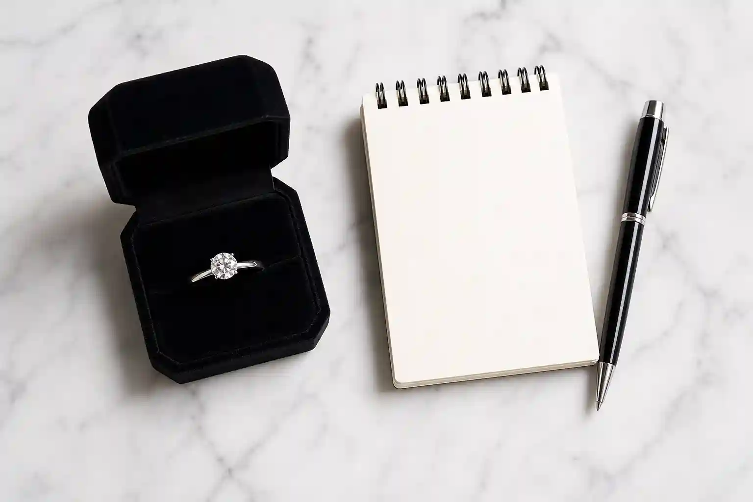 Engagement Ring Buying Tips — Ring Box Notepad and Pen on Marble