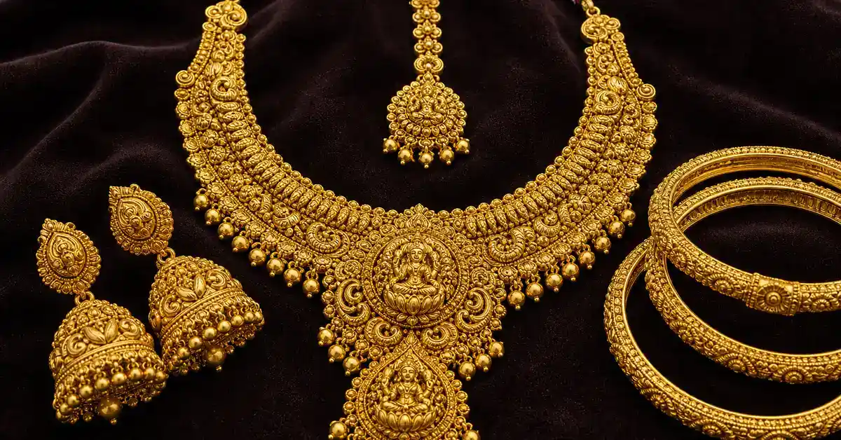 Complete bridal gold set with necklace earrings and maang tikka