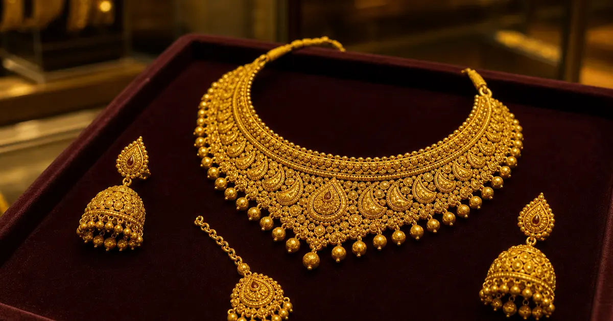 Indian family reviewing bridal jewellery sets in a Calgary showroom