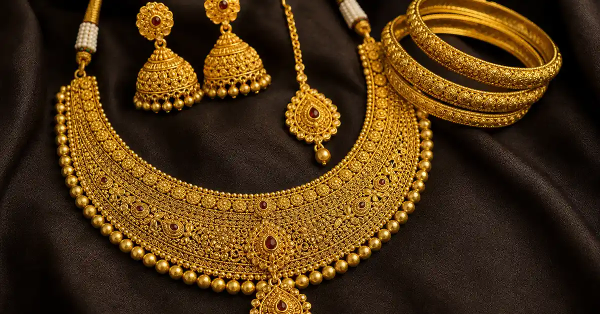 Complete bridal gold set for an Indian wedding day look