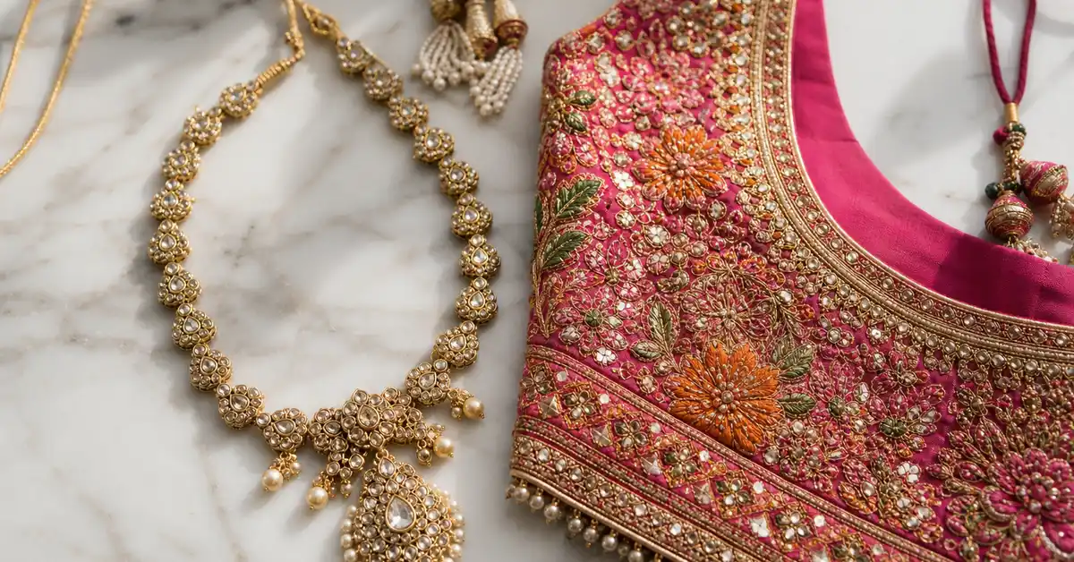 Matching bridal jewellery set to lehenga neckline