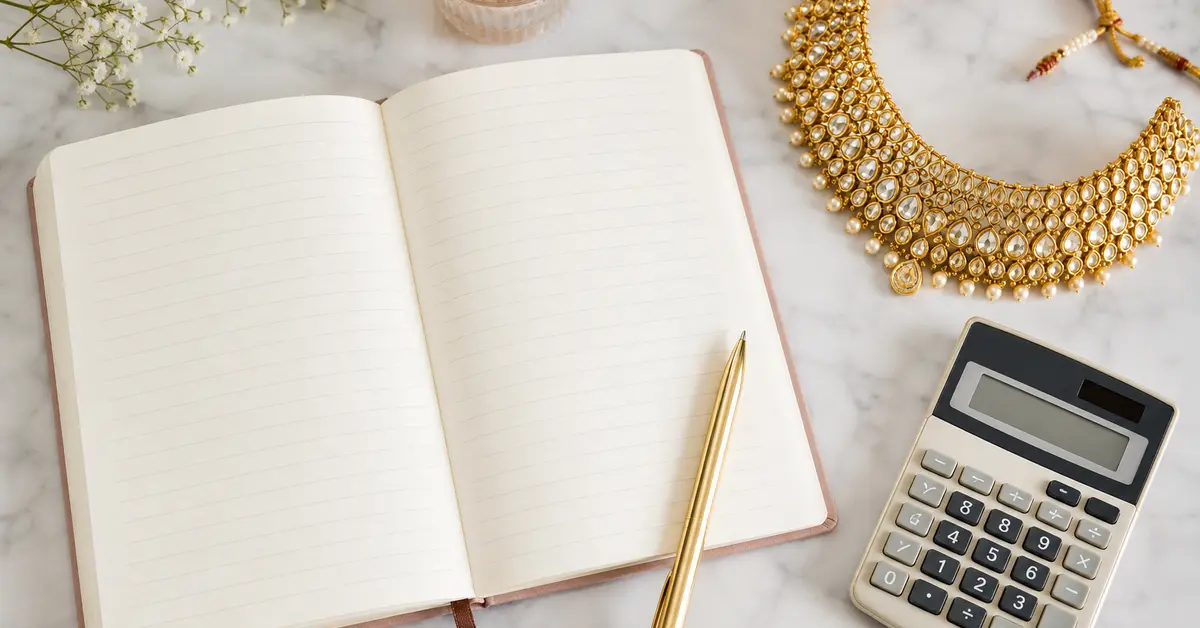 Couple planning a wedding jewellery budget with notes and gold jewellery