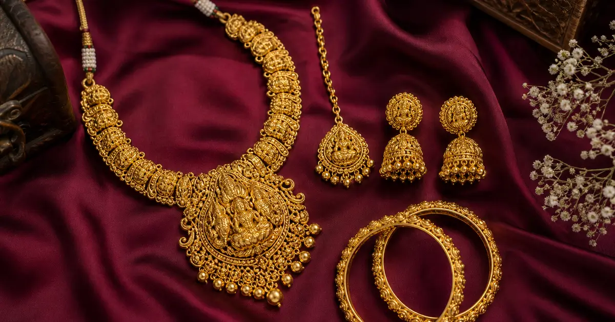 Bridal gold set necklace earrings and maang tikka laid out for a wedding