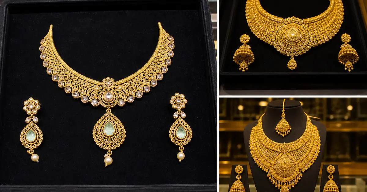 Indian family comparing lighter and heavier bridal jewellery sets in a Canadian showroom
