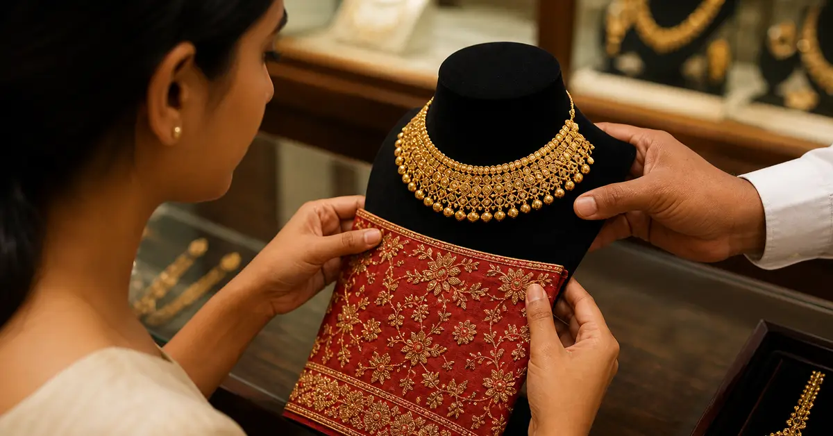 Gold bridal necklace displayed beside a red and gold lehenga for colour matching