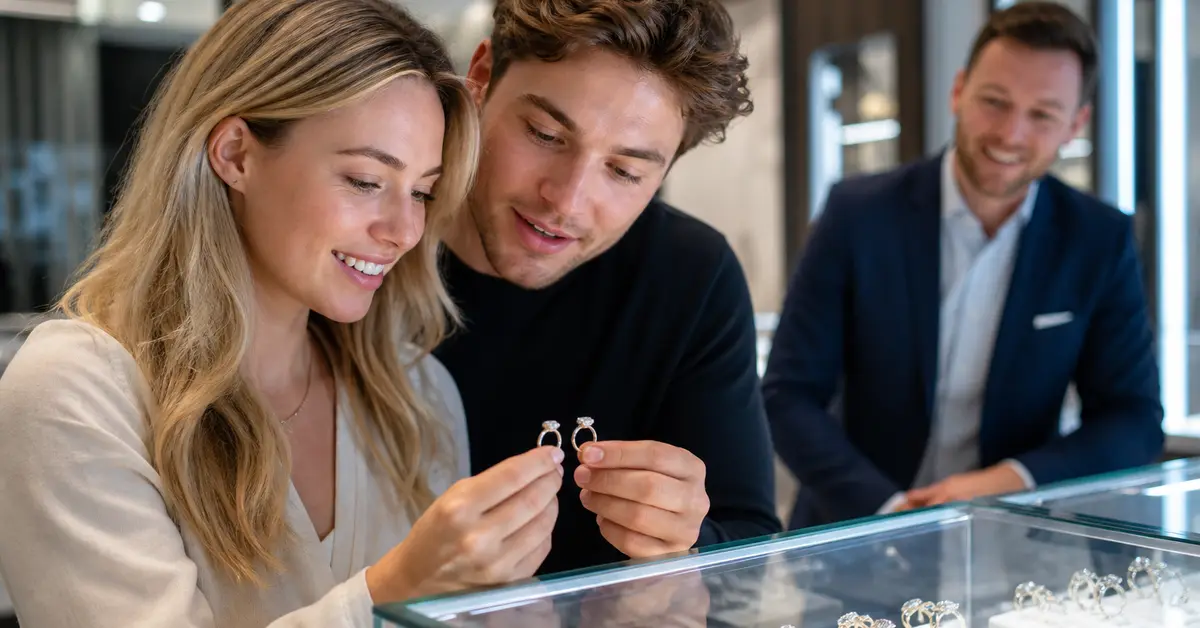 Couple choosing between lab-grown and natural diamond rings