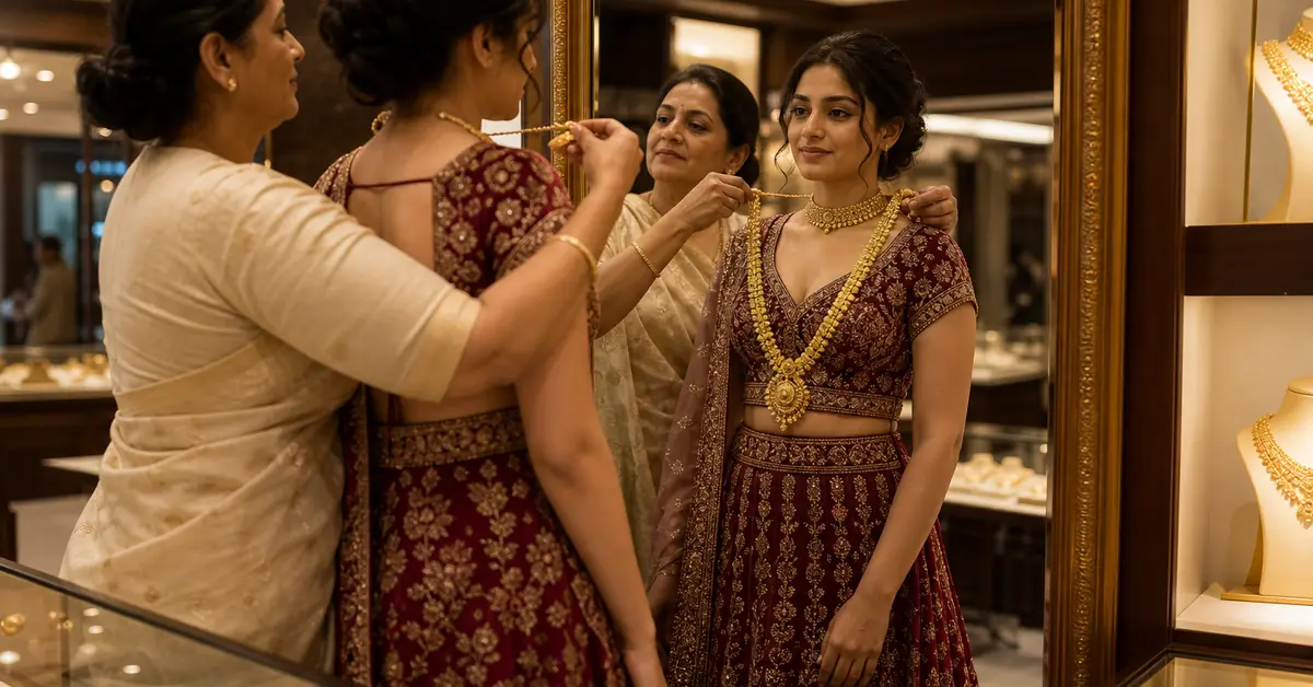 Mother draping a heavier gold haar over the bride’s choker at a showroom mirror
