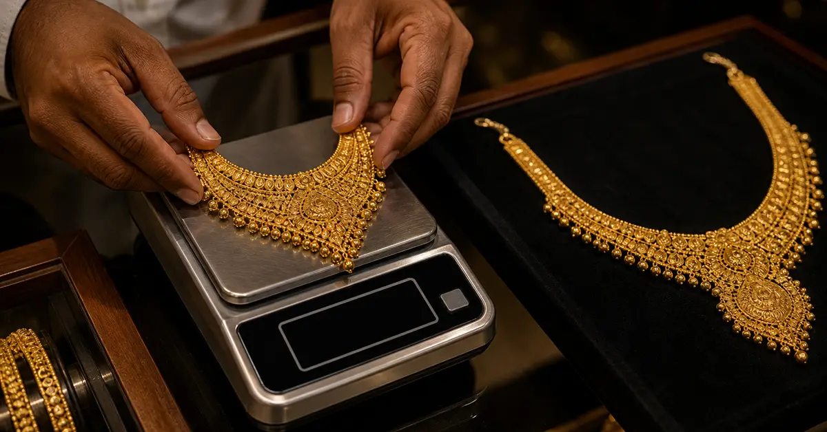 Jeweller weighing a 22K gold bridal necklace on a digital scale