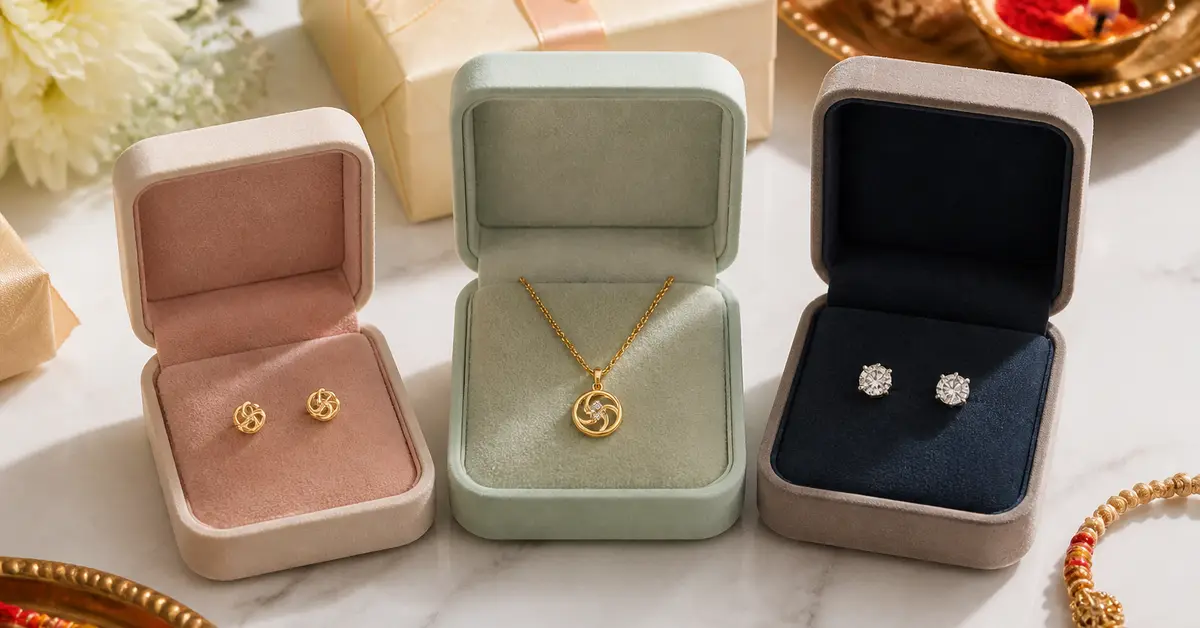 Rakhi jewellery gift boxes showing gold and diamond budget options