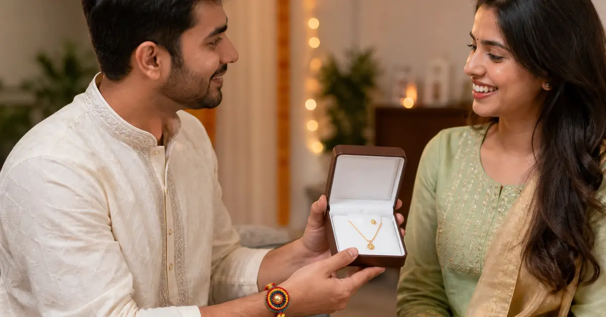 Brother gifting jewellery to sister on Raksha Bandhan