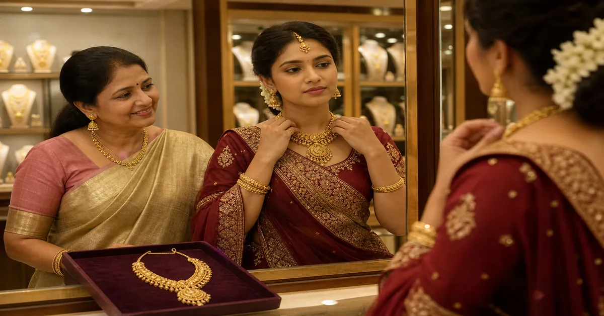 Bride checking bridal necklace comfort herself in an Edmonton jewellery showroom