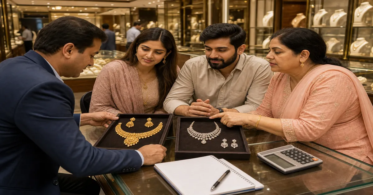Family comparing gold and diamond bridal options while planning a jewellery budget in store