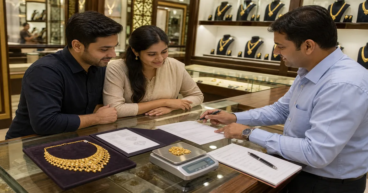 Couple and jeweller checking hallmark, certificate, weight, checklist, and invoice inside a jewellery store