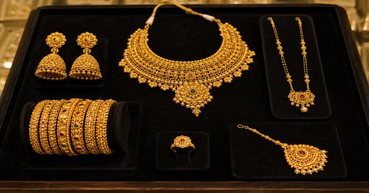 Complete Indian bridal jewellery set pieces laid out on velvet