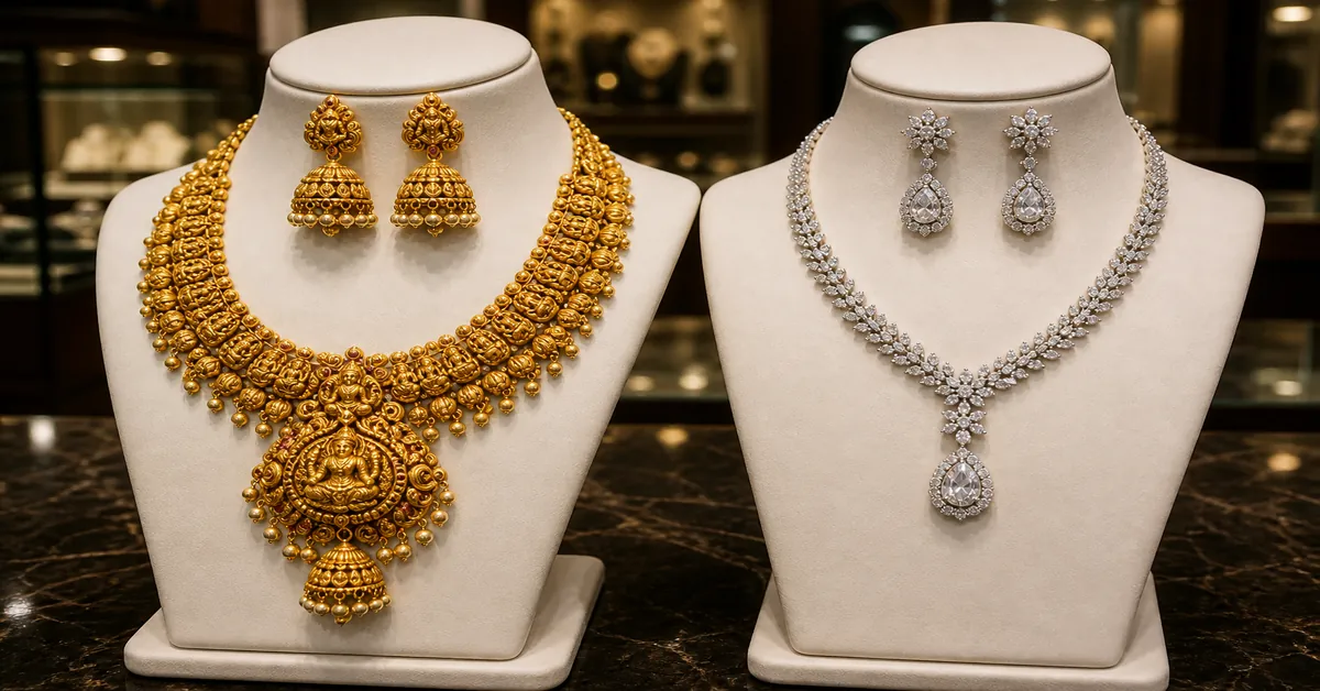 22K gold bridal set beside a modern diamond bridal look