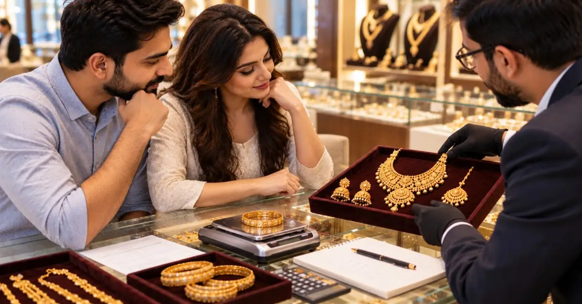Family reviewing bridal jewellery budget planning ranges at a jewellery counter