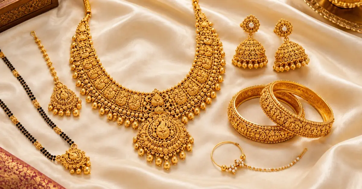 Complete Indian bridal jewellery set flat lay with necklace earrings tikka and bangles