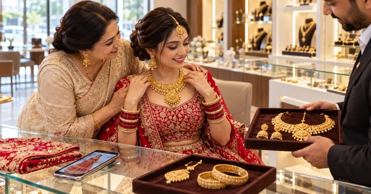 Bride trying on bridal necklace with family at a Surrey jewellery counter