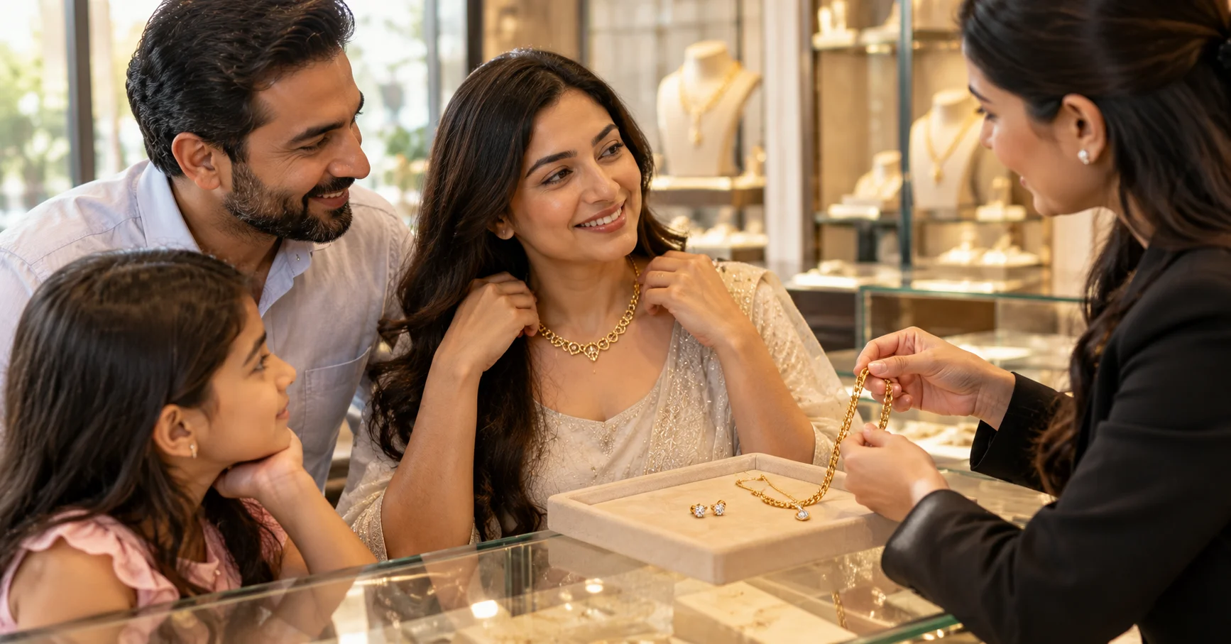 Family choosing Diwali jewellery gifts in the showroom