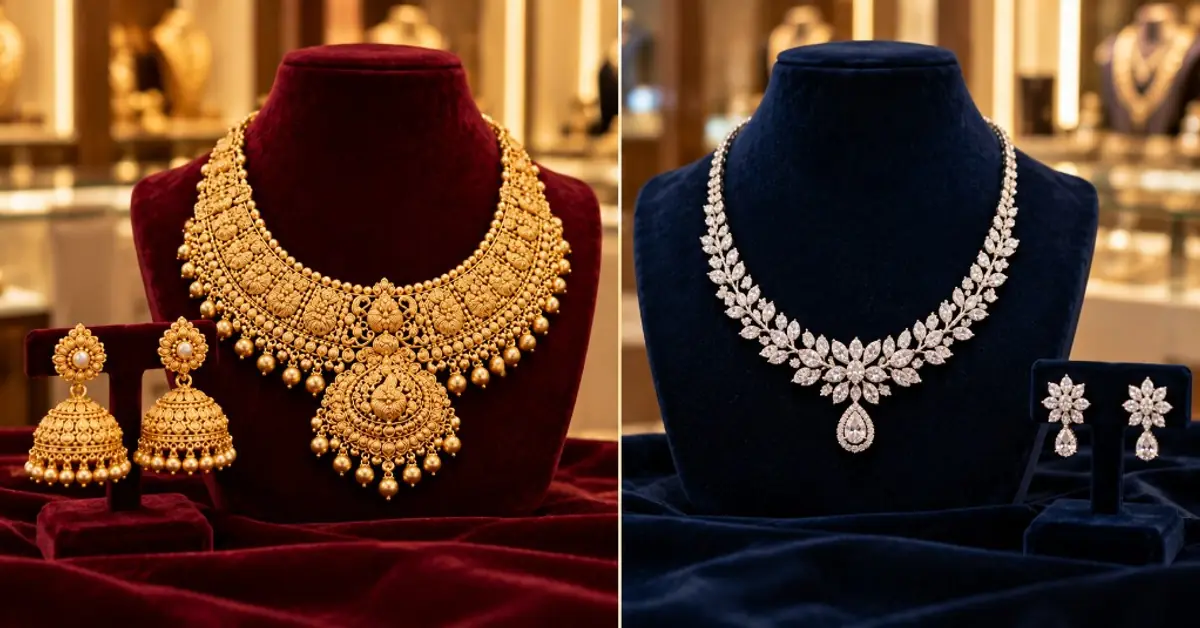 22K gold bridal set beside a lighter diamond bridal look