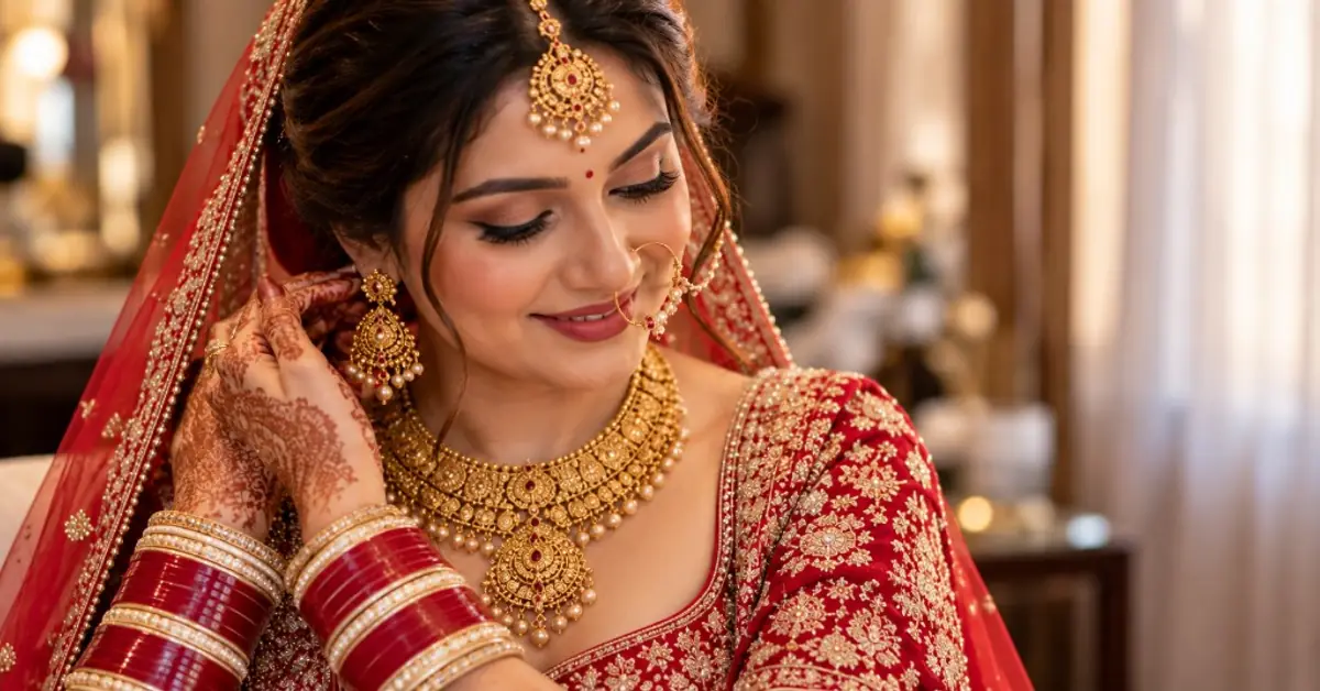 Punjabi bridal look with chooda nath and maang tikka accents