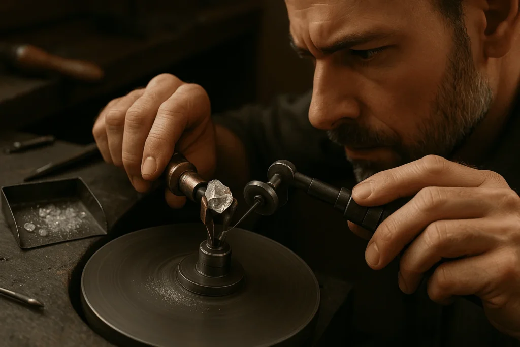 Artisan polishing diamond at diamond jewellery shop in Surrey