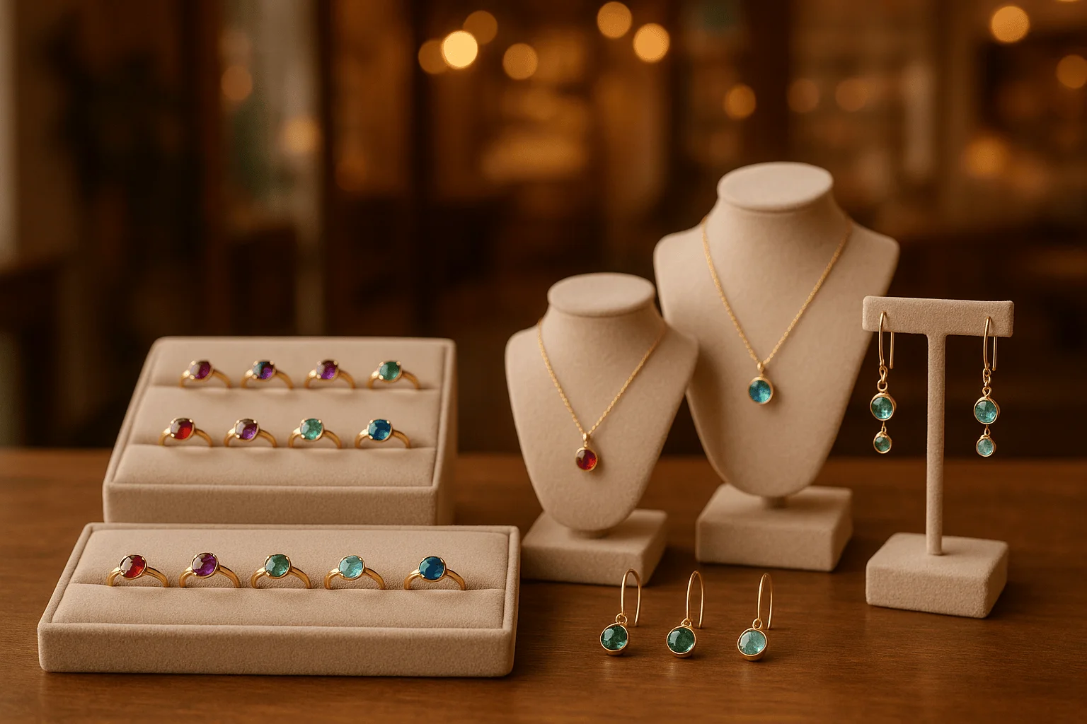 Elegant display of birthstone rings, necklaces, and earrings in a luxury jewelry boutique setting at Bharat Jewellers.