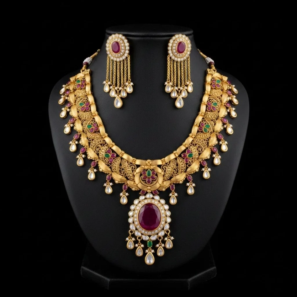 Royal gold necklace set with matching earrings traditional Indian jewellery